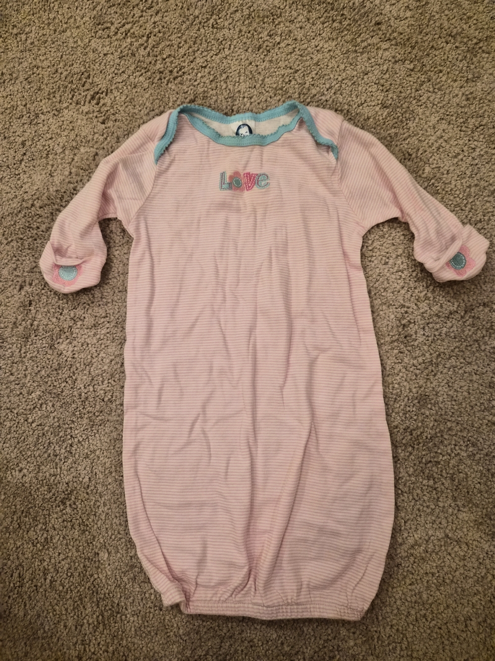 Gerber Pink Long Sleeve Sleep Gown 'Love' Embroidery Mitten Cuff Sz 0-6 Months